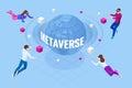 Isometric metaverse concept. Network of 3D virtual worlds focused on social connection. Internet as a single, universal