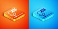 Isometric Microphone voice device icon isolated on orange and blue background. Microphone interpreter and alphabet