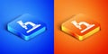 Isometric Microscope icon isolated on blue and orange background. Chemistry, pharmaceutical instrument, microbiology