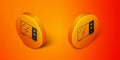 Isometric Microwave oven icon isolated on orange background. Home appliances icon. Orange circle button. Vector