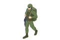 Isometric Military backpack war, hiking, army, camouflage equipment. Army Soldier in Protective Combat Uniform holding