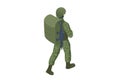 Isometric Military backpack war, hiking, army, camouflage equipment. Army Soldier in Protective Combat Uniform holding