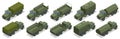 Isometric military heavy truck. Military green army vehicle isolated military heavy truck on white background