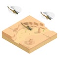Isometric Military helicopter over the desert. Flat 3d vector illustration
