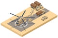 Isometric military helicopter on the runway and military trucks. Military Aviation Air Force