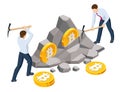 Isometric miner is digging on golden bitcoin. Devices and technology for mining cryptocurrency. Machines for mining