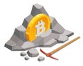 Isometric miner is digging on golden bitcoin. Devices and technology for mining cryptocurrency. Machines for mining