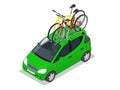 Isometric Mini car with two bicycles mounted on the roof rack. Flat style vector illustration isolated on white