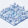 Isometric miniature city model displays interconnected digital network infrastructure across white background architecture Royalty Free Stock Photo