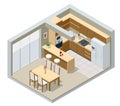 Isometric minimalist kitchen room interior with dinning furniture on a floor. Modern house interior with kitchen and