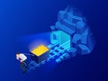 Isometric mining Bitcoin farm. Cryptocurrency, blockchain, bitcoin mining concept. Big data processing, server room rack