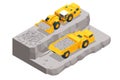 Isometric mining quarry, heavy-duty truck and a mining excavator. Factories or industrial plants, heavy industry