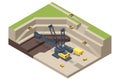 Isometric mining quarry, mine with large quarry dump truck and Bucket-wheel excavator. Coal mine. Equipment for high