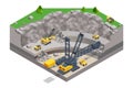 Isometric mining quarry, mine with large quarry dump truck and Bucket-wheel excavator. Coal mine. Bucket-wheel excavator