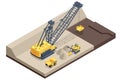 Isometric mining quarry, mine with large quarry dump truck and dragline excavator. Coal mine. Equipment for high-mining