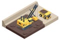 Isometric mining quarry, mine with large quarry dump truck and power shovel. Coal mine. Equipment for high-mining Royalty Free Stock Photo