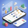 Isometric mobile app interface with charts and data visualization elements image Royalty Free Stock Photo
