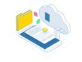 Isometric mobile cloud, cloud storage or data transfers on Internet concept. Enterprise Resource Planning app on