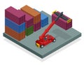 Isometric Mobile Container Handler in action at a container terminal. Crane lifts container handler Isolated vector