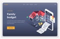 Isometric mobile device, home, car, invoice and coins.
