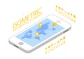 Isometric mobile GPS navigation concept, Smartphone with world map application and marker pin pointer Royalty Free Stock Photo