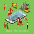 Isometric Mobile Phone Assembly Process. Flat 3d Workers Mounted Smartphone