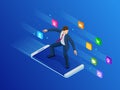 Isometric mobile phone and businessman. Virtual business Surfing. Smart and simple web interface with different apps and