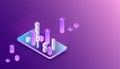 Isometric mobile phone. Ãâig data flow processing concept, cloud database. Abstract technology background.