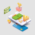 Isometric mobile phone, piggy bank with dollar coins, vector illustration. Mobile banking and online deposit.