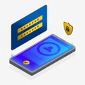 Isometric mobile security app modern concept. Application lock software on smartphone screen with login and password form Royalty Free Stock Photo