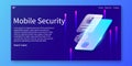 Isometric Mobile Security and Biometrics identification concept, fingerprints, facial recognition, Web template design.vector