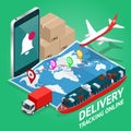 Isometric Mobile smart phone with mobile app delivery tracking. Vector modern flat creative info graphics design on