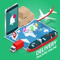 Isometric Mobile smart phone with mobile app delivery tracking. Vector modern flat creative info graphics design on