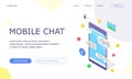 Isometric mobile social media chat app banner. Online application with message, emoji and bubble concept for network Royalty Free Stock Photo