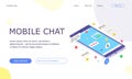 Isometric mobile social media chat app banner. Online application with message, emoji and bubble Royalty Free Stock Photo