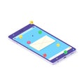 Isometric mobile social media chat app. Phone application with mail, emoji and bubble Royalty Free Stock Photo