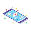 Isometric mobile social media chat app. Phone application with message, emoji and bubble for digital communication Royalty Free Stock Photo