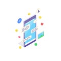 Isometric mobile social media chat app. Phone application with message, emoji and bubble for network communication Royalty Free Stock Photo