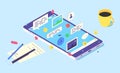 Isometric mobile social media chat app. Phone application with message, emoji and bubble for network communication Royalty Free Stock Photo