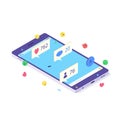 Isometric mobile social media chat app. Phone application with message, emoji and bubble Royalty Free Stock Photo