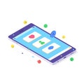 Isometric mobile social media messenger. Phone application with bubbles Royalty Free Stock Photo
