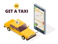 Isometric mobile taxi and gps city map. Navigation system for taxi and life with 3D smartphone and taxi car