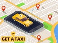 Isometric mobile taxi. Online taxi service and payment with smartphone app on city map vector