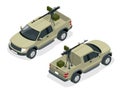 Isometric model of pickup truck armed with machine gun. Spec ops police officers SWAT in black uniform. Soldier, officer