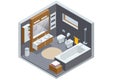 Isometric Modern bathroom interior with white toilet, mirror, sink and bathtub. Royalty Free Stock Photo