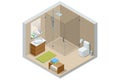 Isometric modern bathroom interior with a white toilet, mirror, sink, and shower cabin. Royalty Free Stock Photo