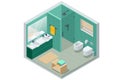 Isometric modern bathroom interior with a white toilet, mirror, sink, and shower cabin. Royalty Free Stock Photo