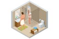 Isometric modern bathroom interior with a white toilet, mirror, sink, and shower cabin. Woman bathes in the shower, man Royalty Free Stock Photo