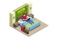 Isometric Modern Bedroom Suite in Hotel. Hotel Checking in and Having Rest in Their Rooms. Enjoy the Holiday and Royalty Free Stock Photo