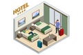 Isometric Modern Bedroom Suite in Hotel. Hotel Checking in and Having Rest in Their Rooms. Enjoy the Holiday and Royalty Free Stock Photo